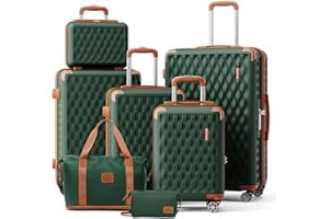 Melalenia Luggage Sets 7 Piece Hard Shell Carry on Suitcase with Spinner Wheels and TSA Lock, Lightweight Travel Duffel Bag for Women, Men, Green Brown