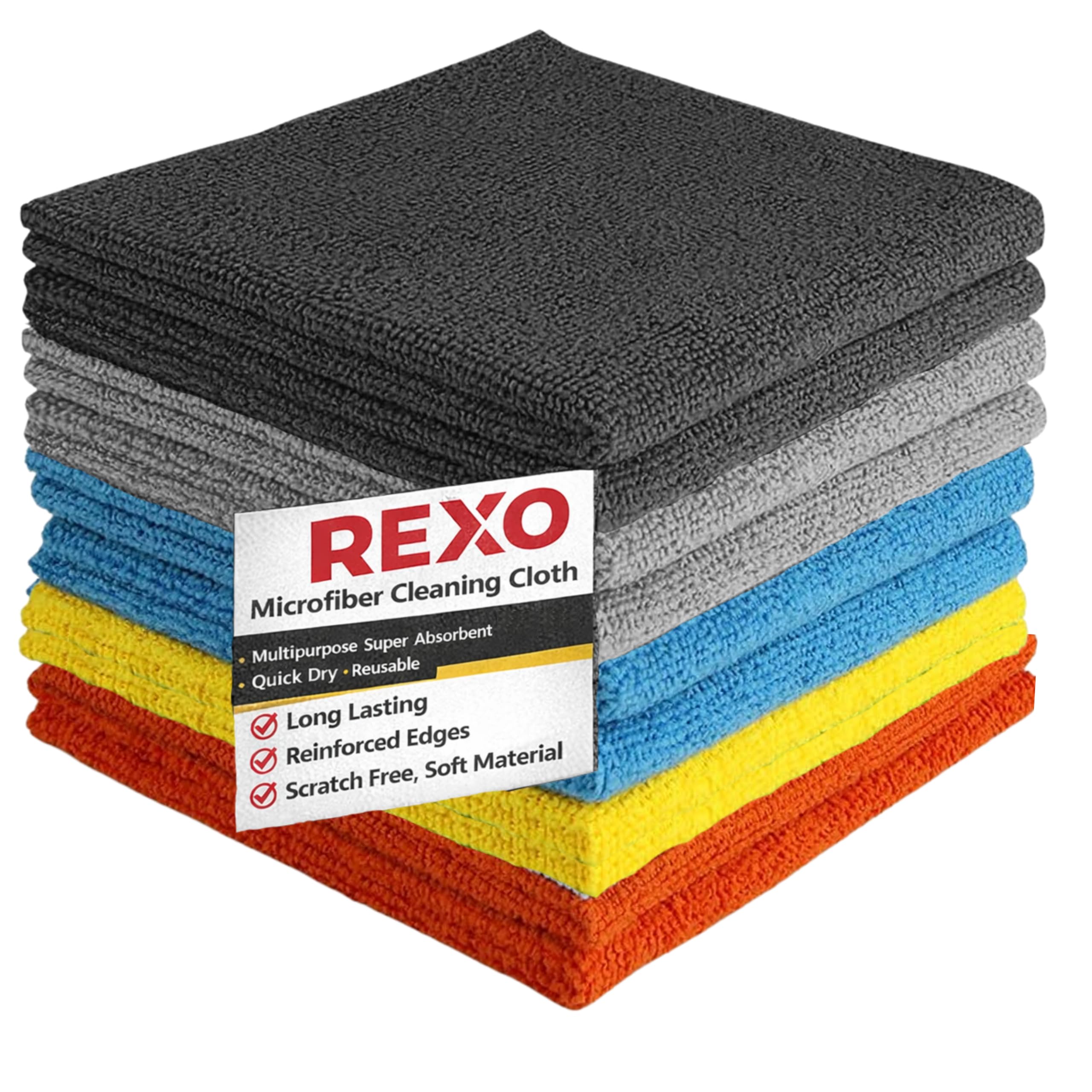 REXO - Microfibre Cloth 30x30cm Pack Of 10 Lint Free And Streak Free 300gsm Cleaning Cloths Wipes For Home Furniture Polish, Kitchen, Car Cleaning, Bathroom, Window, Glass, Mirror And More (Mixed)