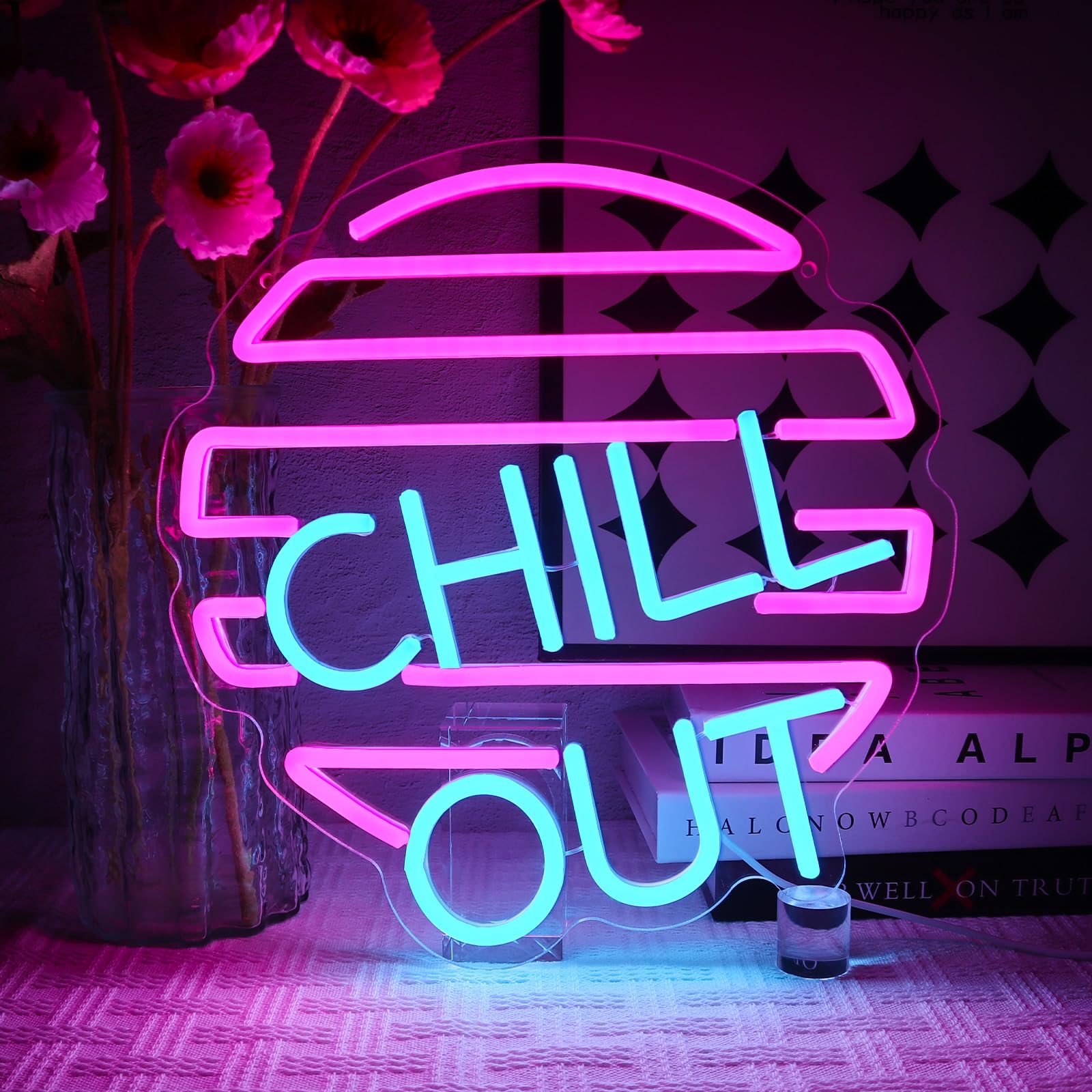 OYCGZV Chill Out Neon Light Sign - Blue Pink Neon Sign for Wall Decor Letter Neon Wall Light USB Led Sign for Home Game Zone Living Room Bedroom Man Cave Party Beer Bar Pub Cafe Party