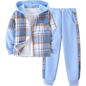 Jecson Boys Clothes Plaid Hooded Shirt and Jogger Pants Outfit Sets 4-10Y | Soft skin-friendly plaid boys clothing set with h