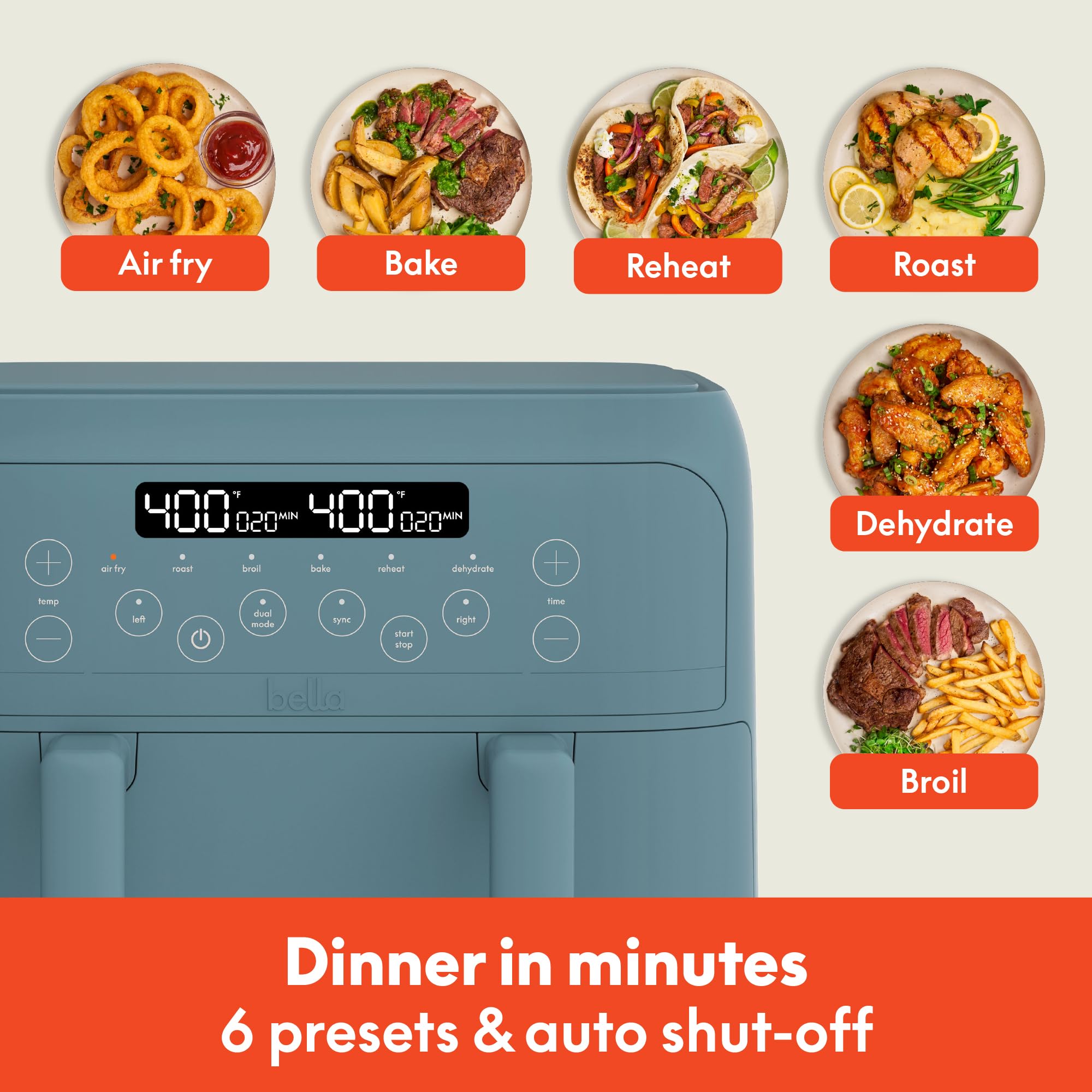 Bella Freidora de aire TriZone de 4 cuartos, revestimiento antiadherente cerámico EverGood™, diseño de canasta doble con divisor extraíble, control de pantalla táctil digital con 6 opciones de cocción preestablecidas, 1200 vatios, capacidad de 3 libras, Surf
