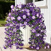 Artificial Fake Hanging Flowers Plants for Outdoor Spring Decoration,2 PCS Faux Silk Morning Glory with Eucalyptus Leaves,UV Resistant Realistic Trailing Vines for Balcony Porch Patio Yard Garden
