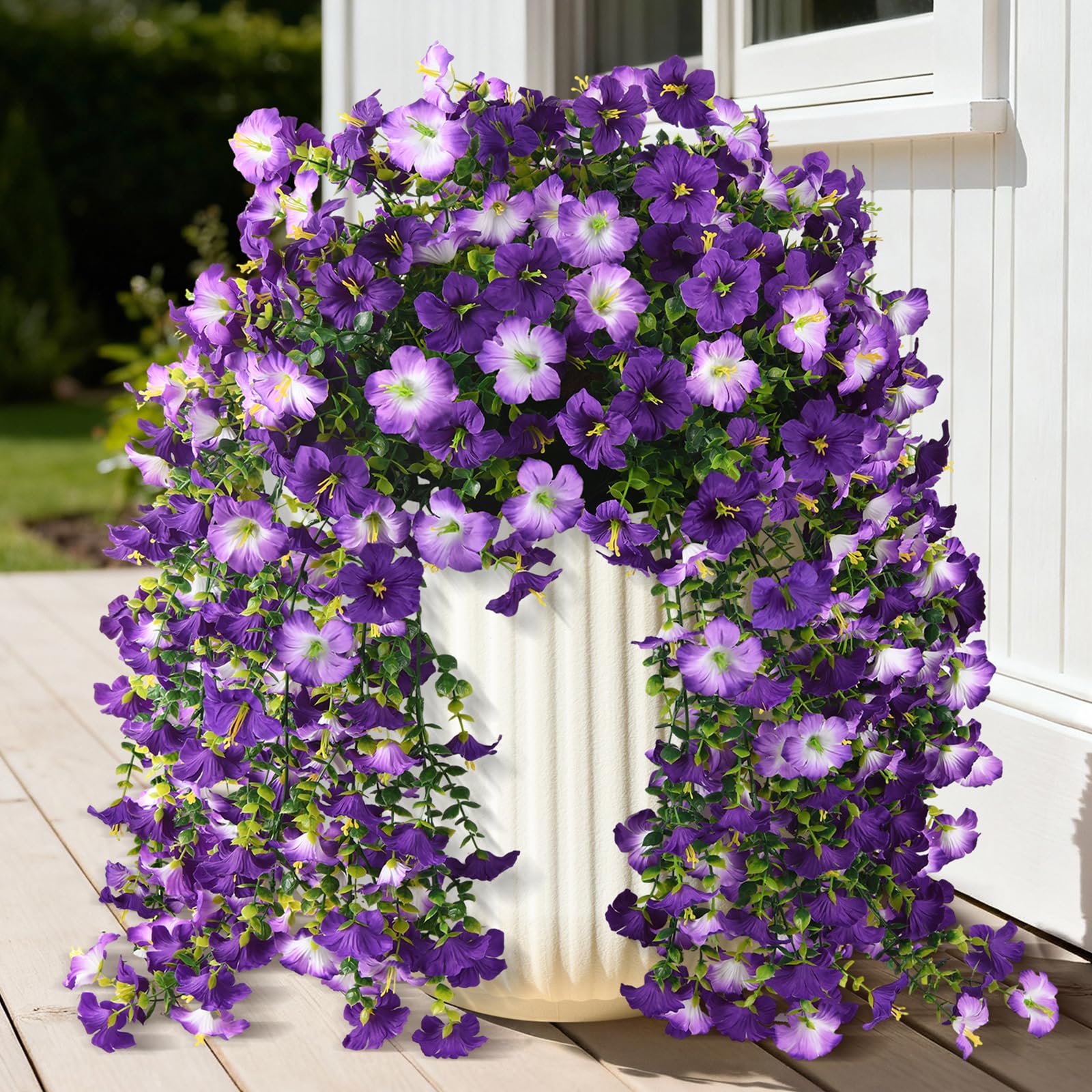 Artificial Fake Hanging Flowers Plants for Outdoor Spring Decoration,2 PCS Faux Silk Morning Glory with Eucalyptus Leaves,UV Resistant Realistic Outdoor Flowers for Balcony Porch Patio Yard Garden