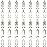 KitBeads 100Pcs 5 Styles Tibetan Jesus Fish Charms - Easter Christian Antique Silver Religious Charms for Jewelry Making Bulk