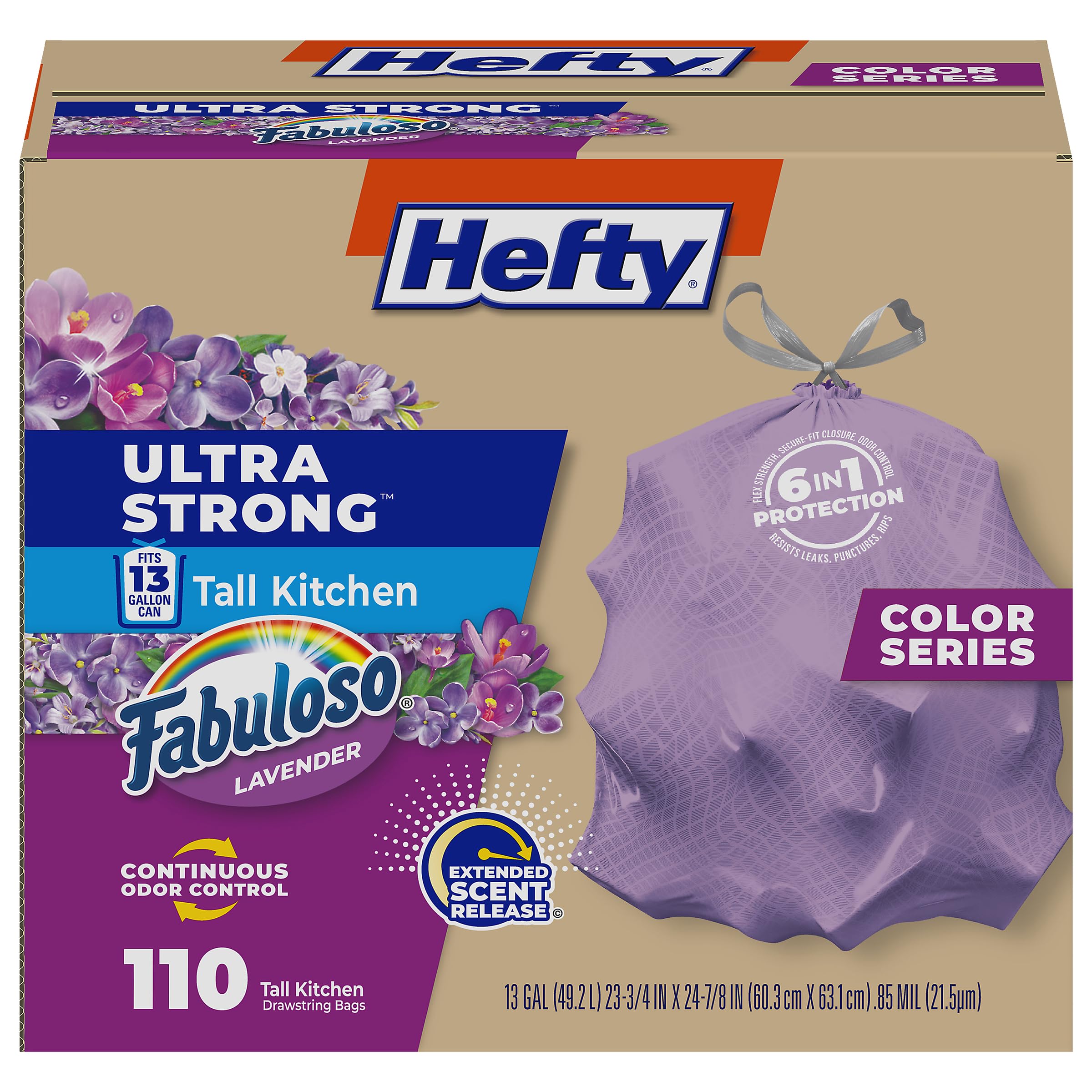 Hefty Ultra Strong 13 Gal Purple Kitchen Trash Bags, Lavender Scent, 110ct