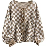 SOLY HUX Plus Size Cardigan Sweaters for Women Plaid Checkered Bow Tie Front Long Sleeve Knit Tops Trendy Fall Clothes