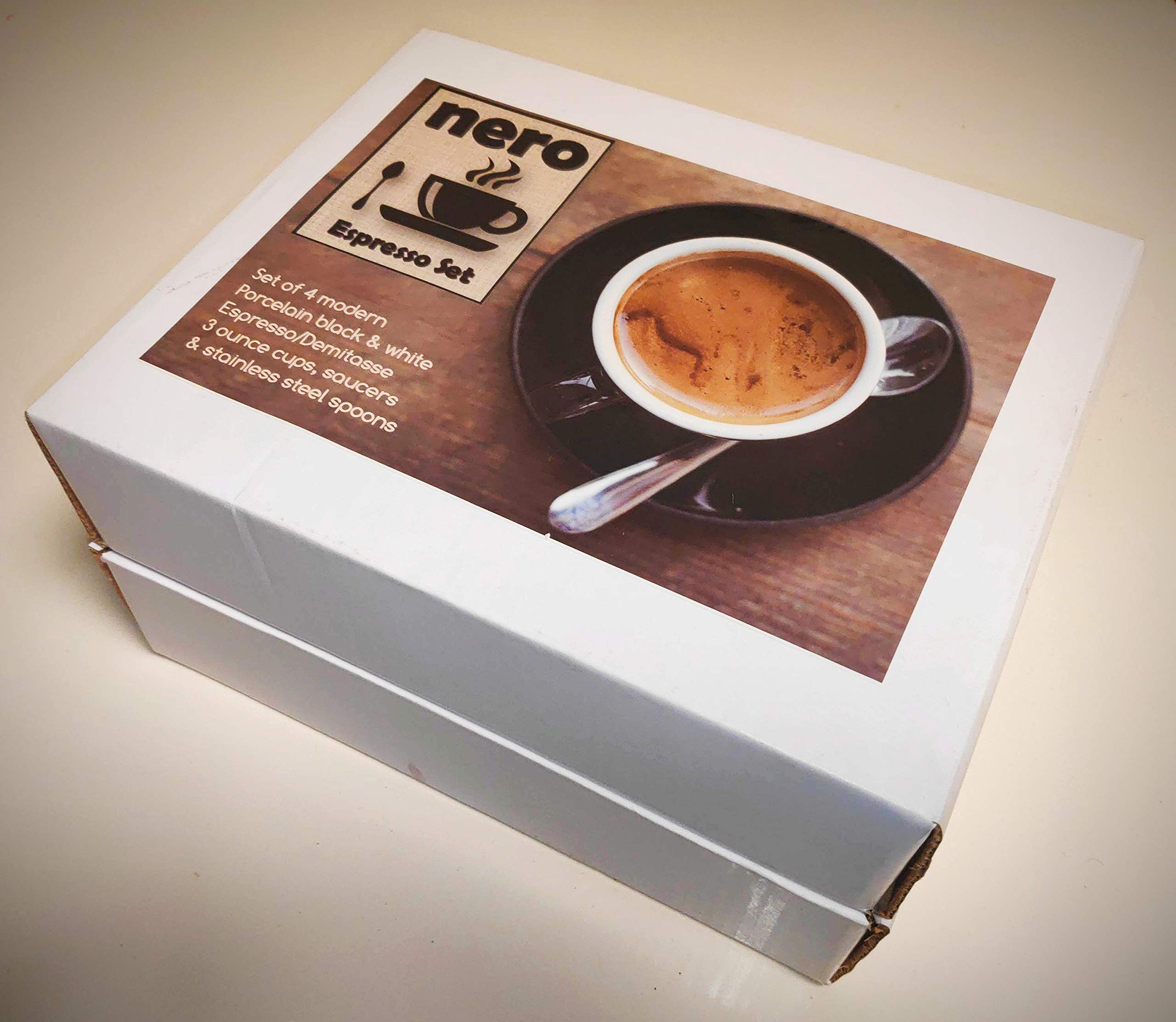 Nero - Set of 4 Modern Porcelain Black and White Espresso/Demitasse 3.2 Ounce Cups, Saucers, Stainless Steel Spoons, Tableware for Brunch, Dinner, Coffee and Dessert. By Equip