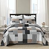 CozyStitch King Size Quilt Set, 100% Cotton King Comforter Set, Farmhouse Patchwork Quilt Bedding Set, Plaid Lightweight Reversible Soft Quilted Bedspread, Grey Black Brown White