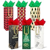 EQOREIIN 6 Pack Christmas Wine Gift Bags with Tissue Paper, Holiday Wine Bottles Wrap Bags with Handles for Party Favor Decoration, Winter Weddings, Liquor Lovers and Drinkers Gift Presents