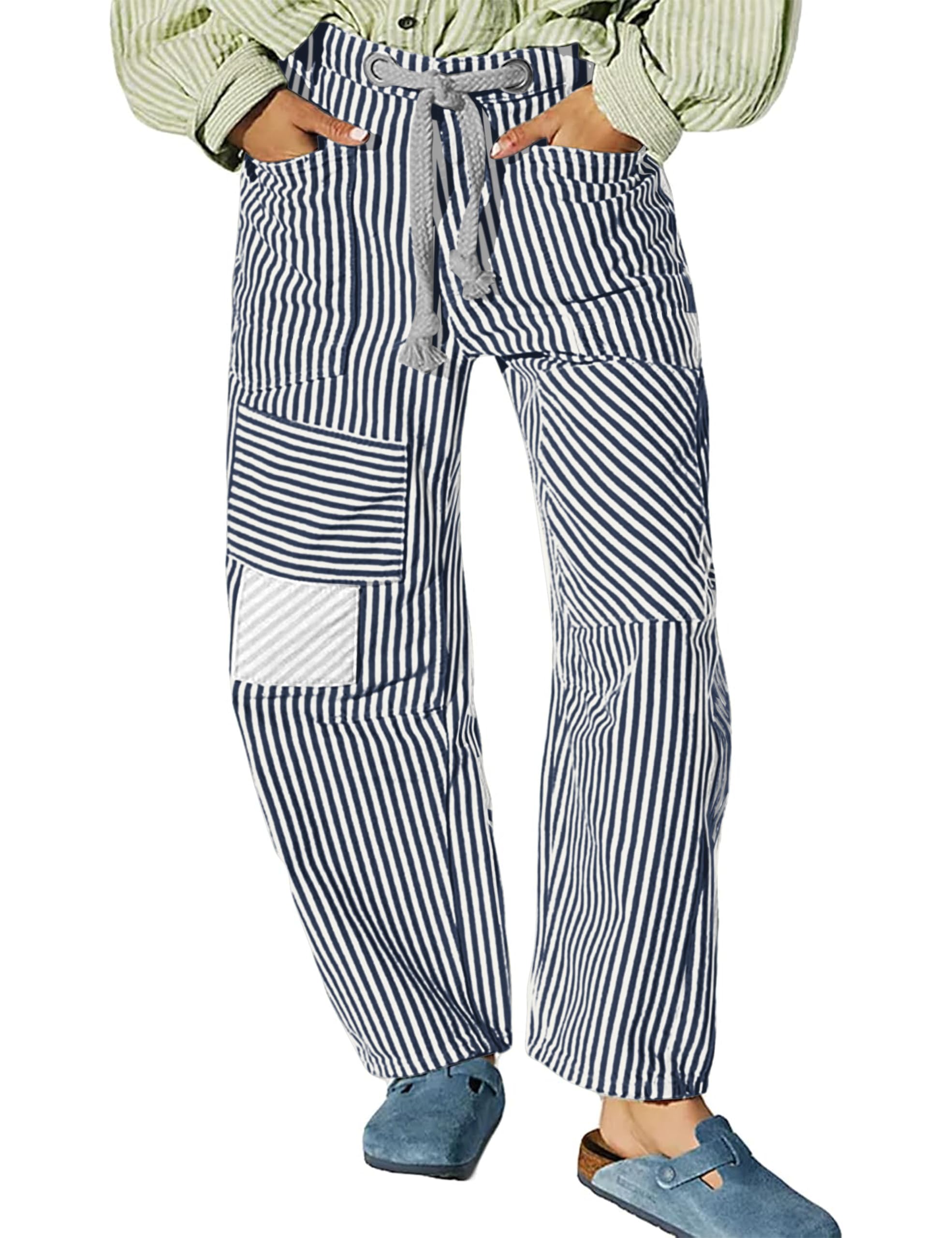 Photo 1 of SAFRISIOR Women Striped Patchwork Pants Drawstring Barrel Pant Wide Leg Baggy Slouchy Casual Streetwear Y2k Trousers with Pockets Blue