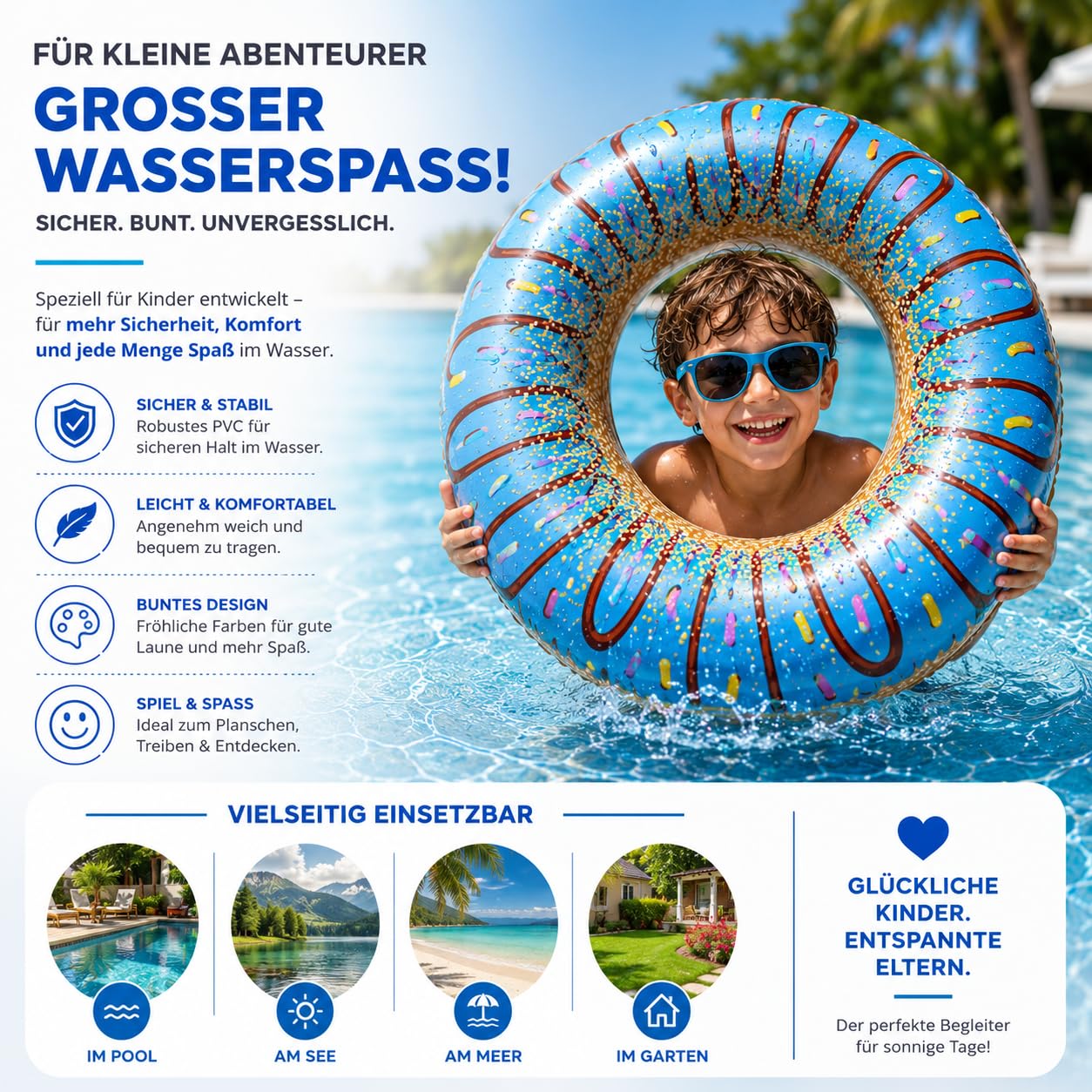 Aufblasbar Donut Schwimmring blau Ø 120 cm mit Biss - Schwimmreifen Pool & Wasser, für Erwachsene & Kinder (Donut blau) 6