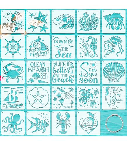 30 Pochoirs D'Été Réutilisables - 13x13 Cm, Thèmes Plage & Océan - Pour Peinture Sur Bois, Toile, Pierre - 5