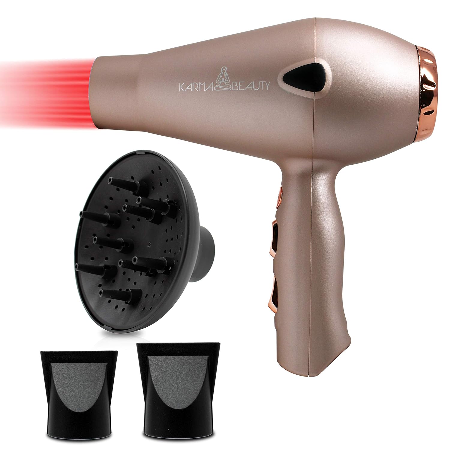 Blow dryer Infrared salon professional | Fast Drying | Negative Ionic | 1875W AC Motor | 2 Speed and 2 Heat Settings | Cold Shot Button | Diffuser & 2 nozzle | Karma Beauty | (rose gold)