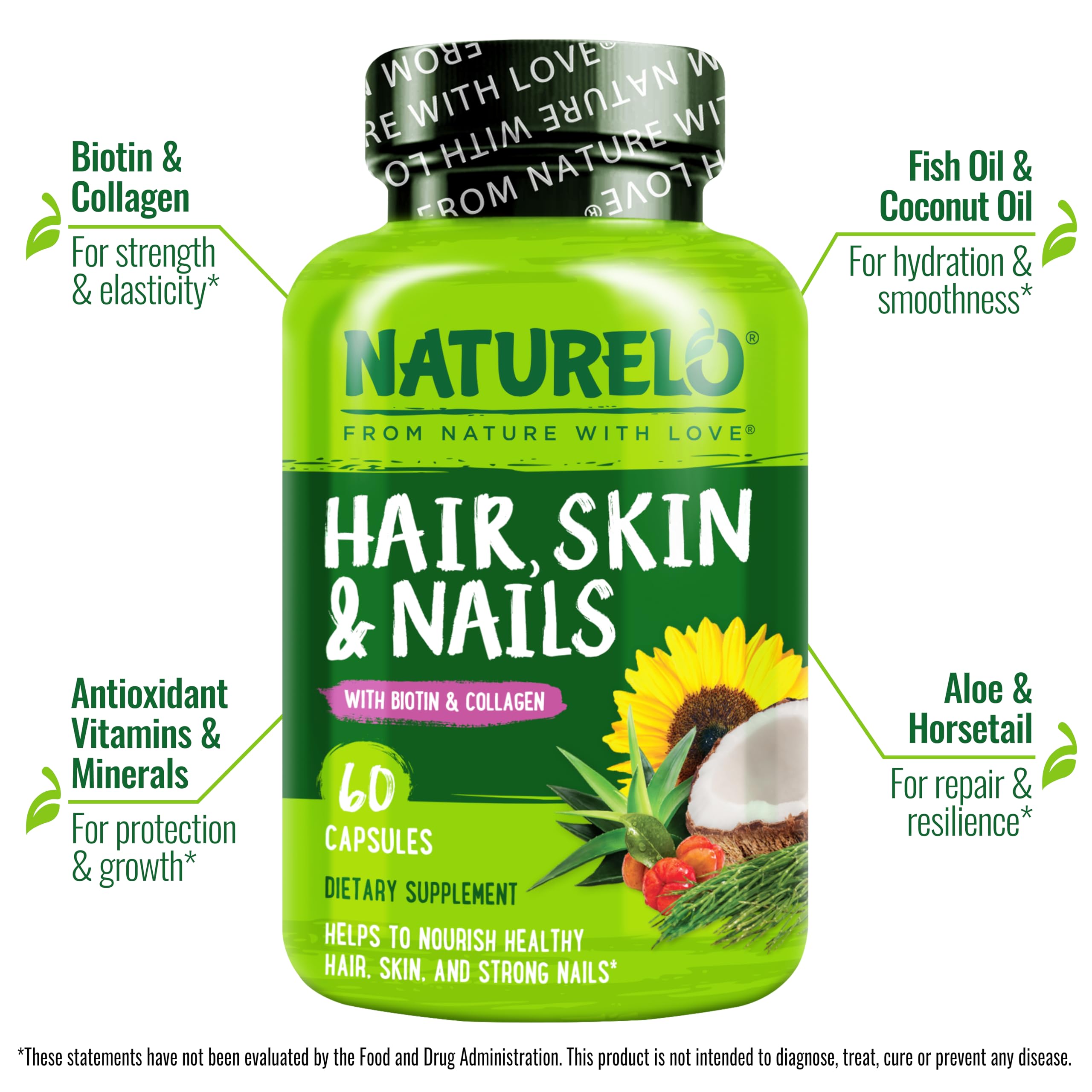 NATURELO Hair, Skin and Nails Multivitamin - 5000 mcg Biotin, Collagen, Natural Vitamin E - Supplement for Healthy Skin, Hair Growth for Women and Men – 60 Capsules