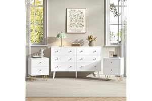 BAZELOR White 6 Drawer Dresser and Nightstand Sets for Bedroom, 3 Pcs Bedroom Set，Night Stand Set of 2 & 6 Drawer Dresser with Golden Handles, Wood Chest of Drawers Storage Cabinet Set