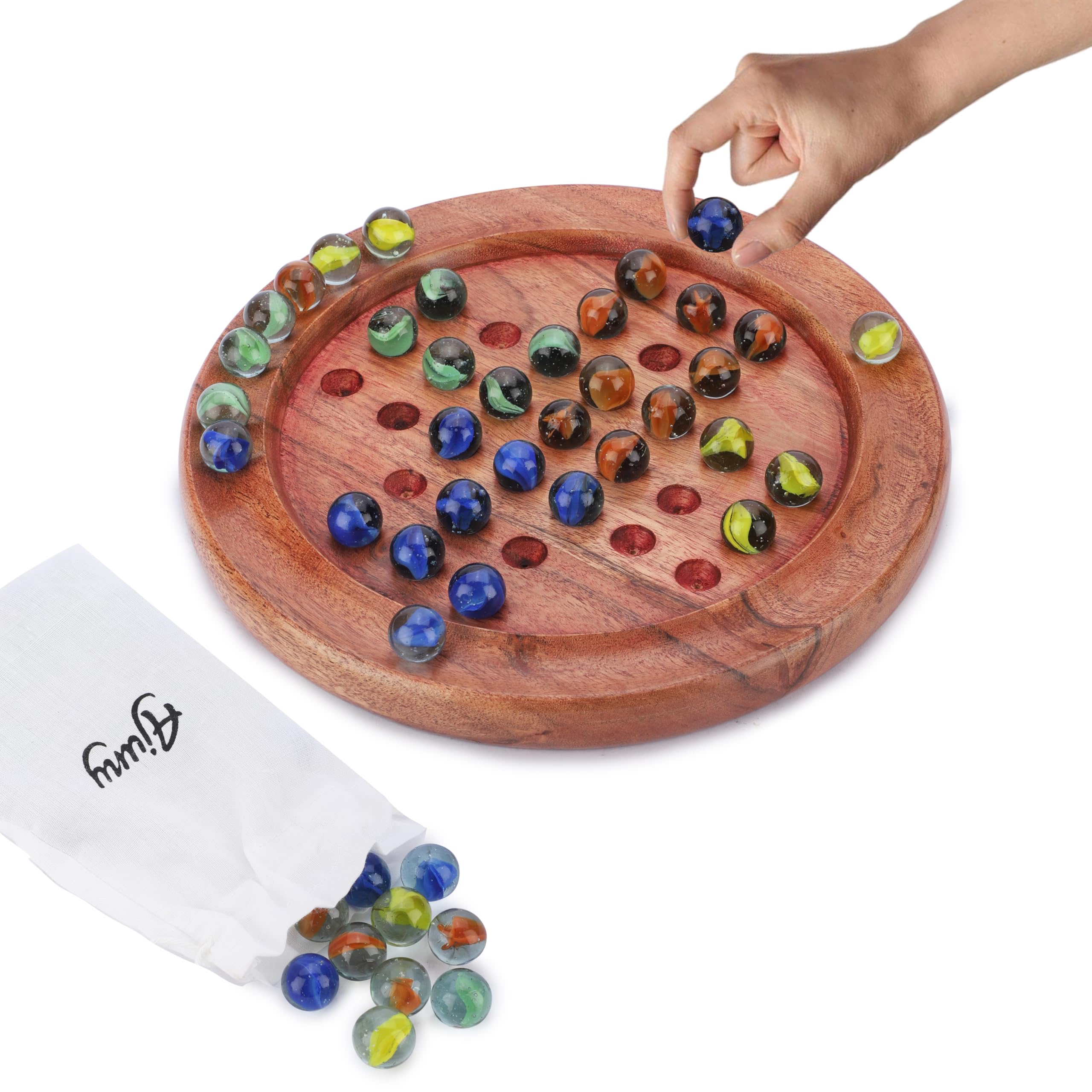Ajuny Classic Solitaire - Handcrafted Wooden Board Game with 4-Color Marbles, Vintage Indian Design - Ideal for Family Fun & Home Decor