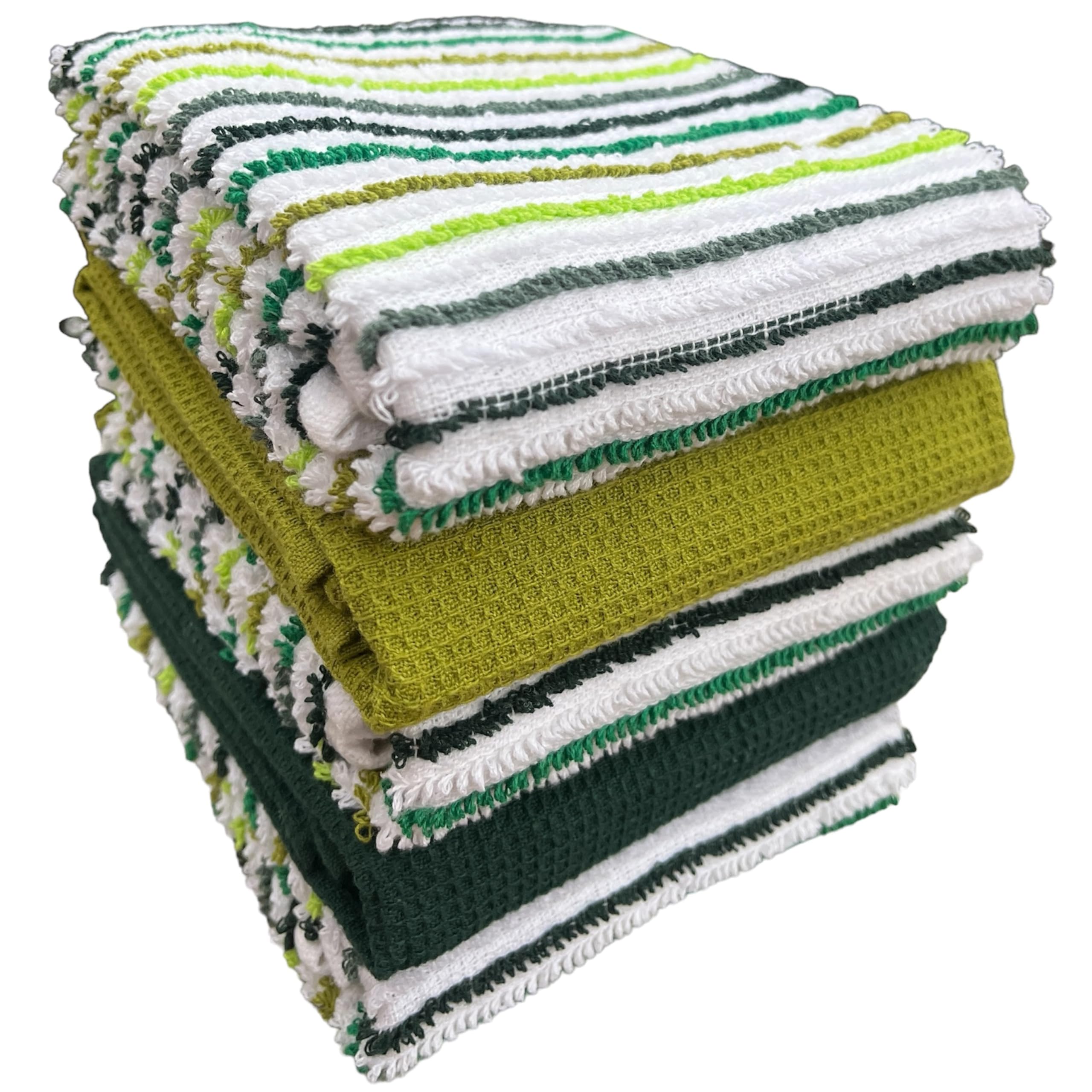 Olivia Rocco 5 Pack Striped Kitchen Tea Towels Cotton Super Absorbent Quick Drying Soft Ribbed Waffle Pot Towel, Green