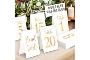 Woodamore Gold Wedding Table Numbers 1-20 - Gold Table Numbers For Wedding Reception 1-20, Paper Table Number Cards, White and Gold Wedding Centerpieces For Party, Birthday, Bridal Shower Decorations