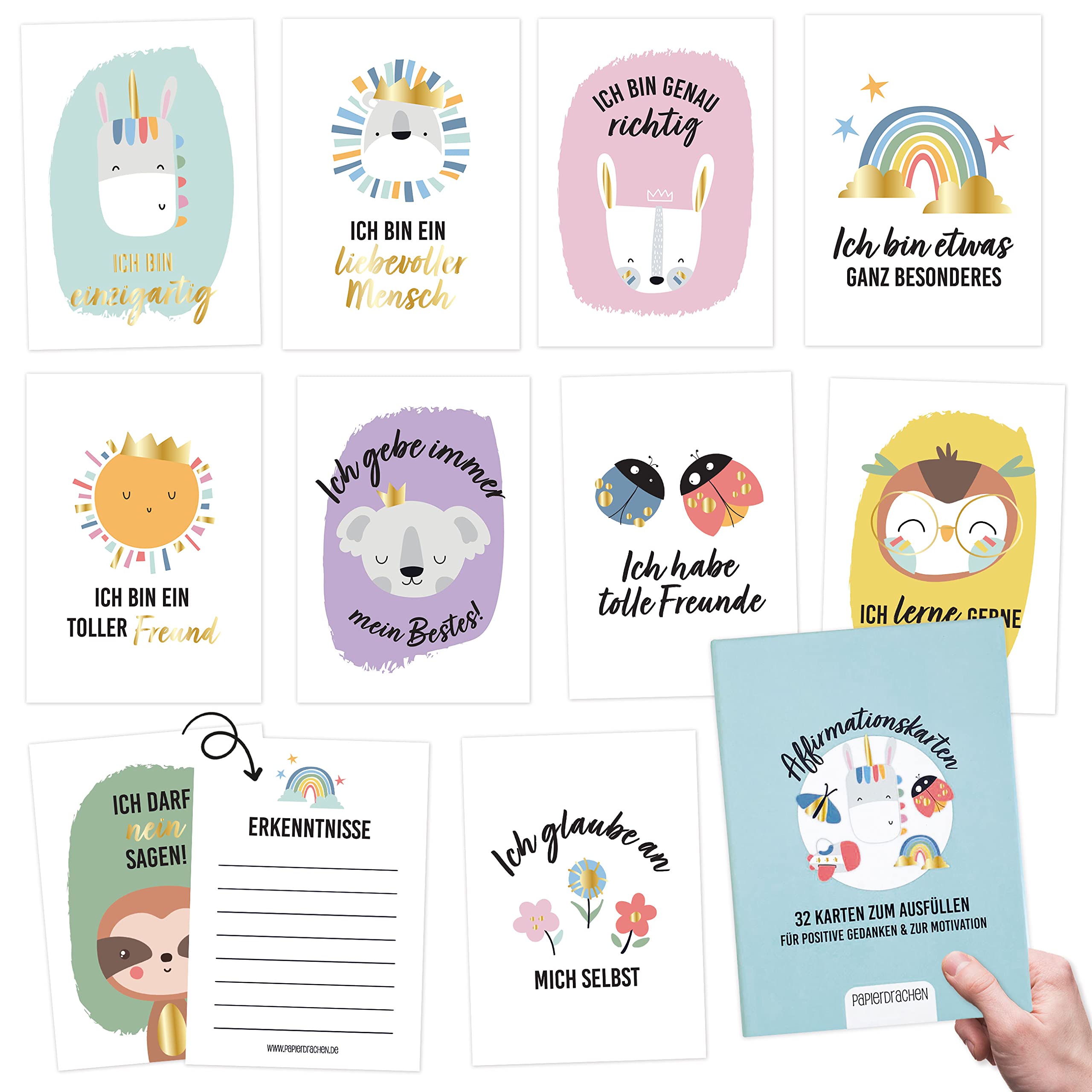 Papierdrachen 32 Affirmation Cards with Positive Statements - Mindfulness Cards with Gift Box | Motivational Cards - Manage Stress with Self-Love Cards - Gift Idea - Animals - Set 2