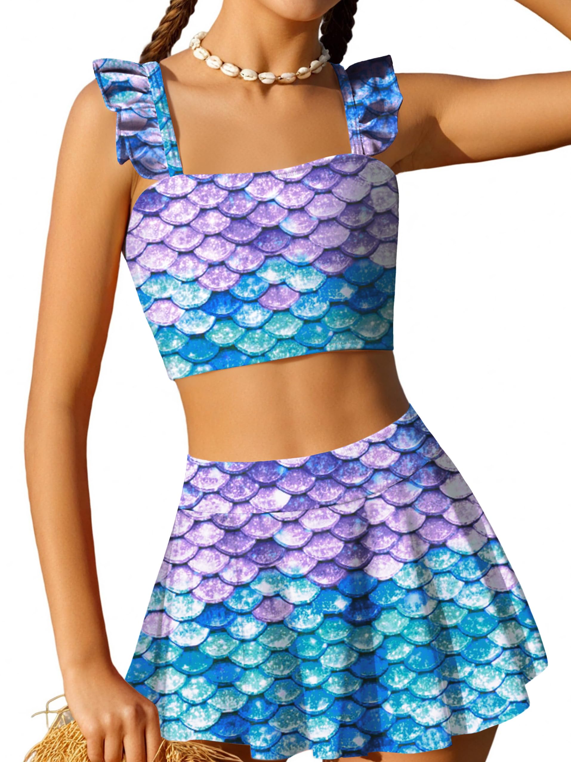 Photo 1 of Arshiner Girls Swimsuit 3 Piece Bathing Suits Cute Bikini Tankini Sets Teen Ruffle Swimwear with Cover Up Skirt (Mermaid Blue Purple, 11-12 Years)