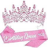VELSCRUN Birthday Queen Tiara Crowns for Women Girls Pink Crystal Birthday Queen Headband Sash Elegant Princess Crown Happy Birth Party Decorations Mom Sisters Birth Gift Hair Accessories