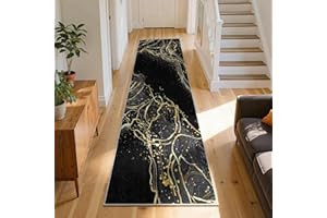 Black and Gold Marble Runner Rug, 3x10ft,Abstract Modern Art Decor Hallway Rug, Soft Non-Slip Washable Indoor Kitchen Carpet 