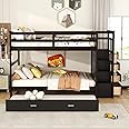 XD Designs Solid Wood Full Over Full Bunk Bed with Stairway and Twin Size Trundle, Full Size Bunk Bed Frame with Guard Rail and 4 Drawers for Kids Teens Adults Bedroom, Dorm (Espresso-WB)
