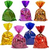 Yotelab Colored Cellophane Treat Bags with Twist Ties, 6x9 in, 100pcs | 7 Mix Colors with Gold Twist Ties, Colorful Candy Bags for Holiday Decorations