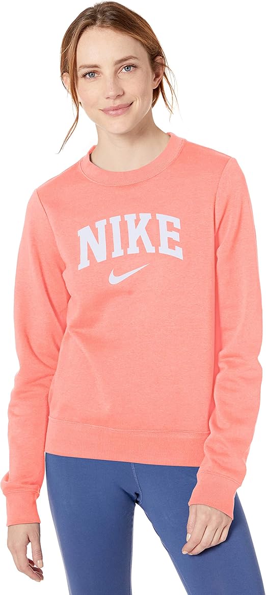 NIKE Women's NSW Fleece Crew High Brand Read Varsity Neck Sweatshirt, Bleached Coral/Bleached 