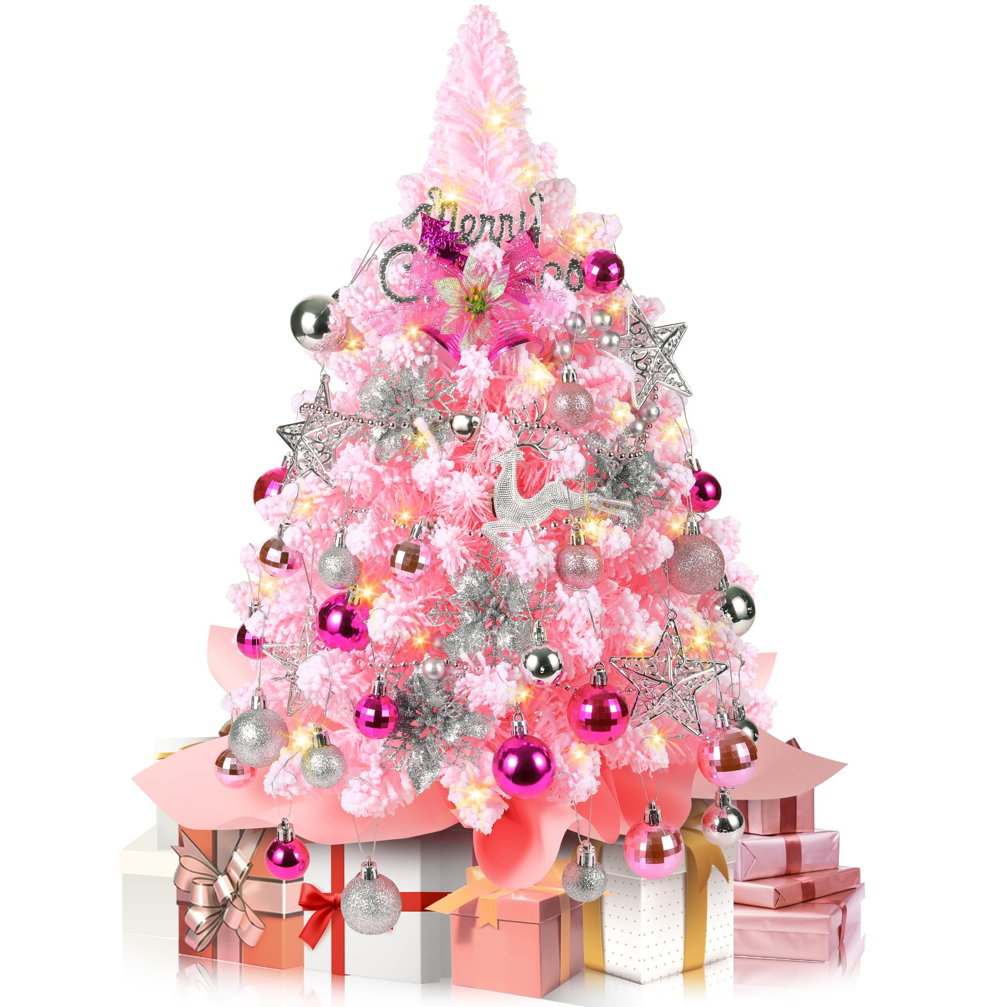 Photo 1 of 2FT Mini Flocked Pink Christmas Tree, Small Christmas Tree with Lights, Prelit Tabletop Tree with 100 Branch Tips and 40+ DIY Ornaments, Christmas Decorations Indoor and Gifts for Men Women
