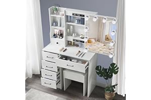 Caulitar Vanity Desk with Mirror and Lights, Dressing Table with 6 Storage Drawers Shelves, Dresser Desk & Cushioned Stool Set for Bedroom