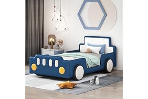 ACQCA Twin Size Race Car Bed for Kids, PU Car-Shaped Bedframe with Wheels and Side Rails for Boys,Girls, Wood Slat Support, No Box Spring Needed,Blue