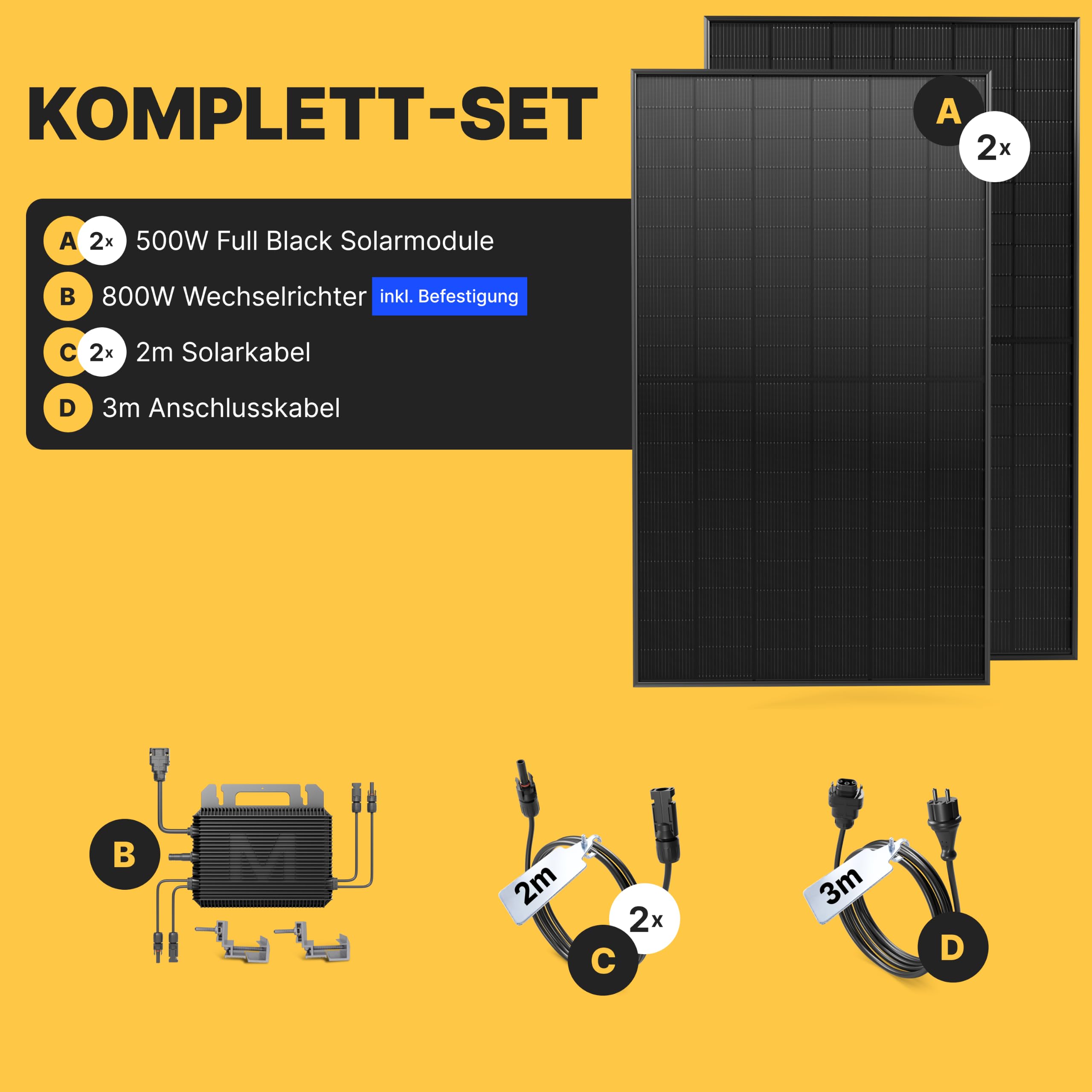 Solakon® 1000W Balkonkraftwerk - Balkonkraftwerk 800W komplett Steckdose - neuester 800 Watt Wechselrichter - Solaranlage Komplettset - 500W bifaziale Solarmodule inkl. Zubehör - 3m Kabel 4