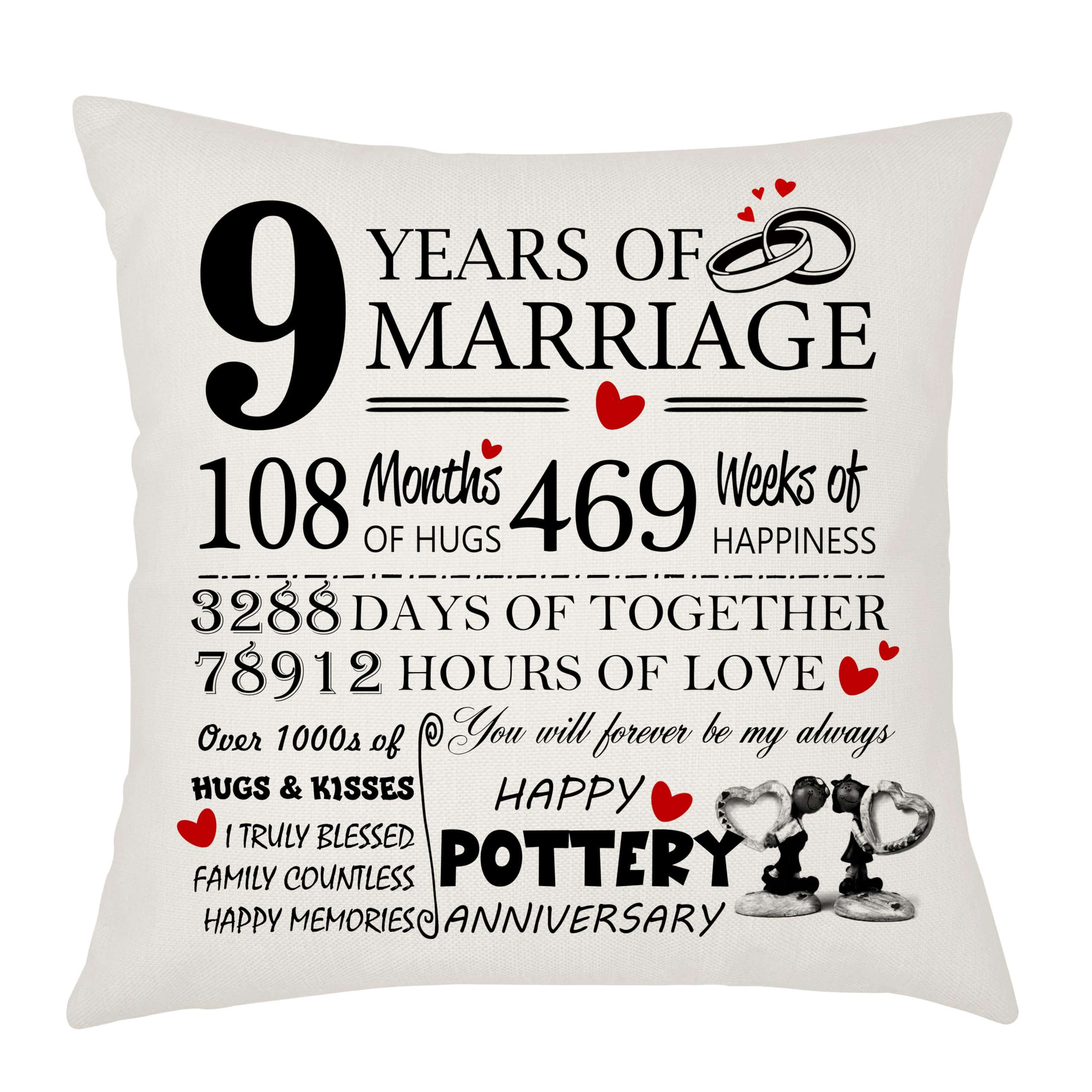 Weosan 9th Wedding Anniversary Pottery Anniversary Cushion Cover - Gift for Wife or Husband - 9 Years of Marriage Keepsake Present - Elegant 45x45cm Pillow Case (9 Years of Marriage)
