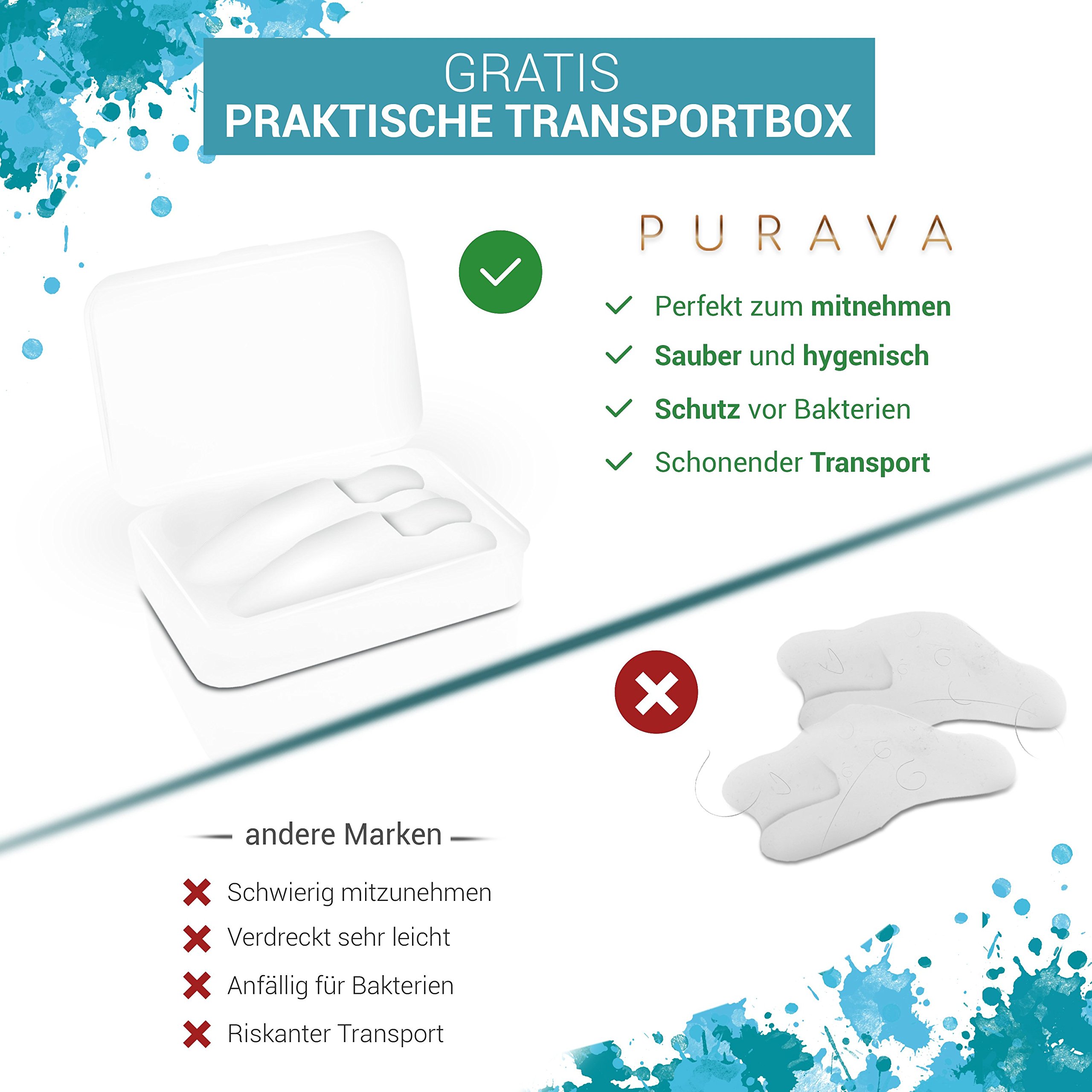 6x Separador de Dedos Pie Hallux Valgus de PURAVA - Con Caja de Transporte Higiénica - Confort Óptimo Gracias a la Innovadora Silicona de Gel Suave - sin BPA - 1 año de Devolución de Dinero - Tamaño Universal