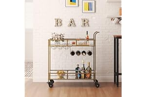 IDEALHOUSE 2-Tier Gold Bar Cart for Home, Beverage Cart with Wine Rack and Glass Holders, Rolling Serving Wine Cart for Kitch