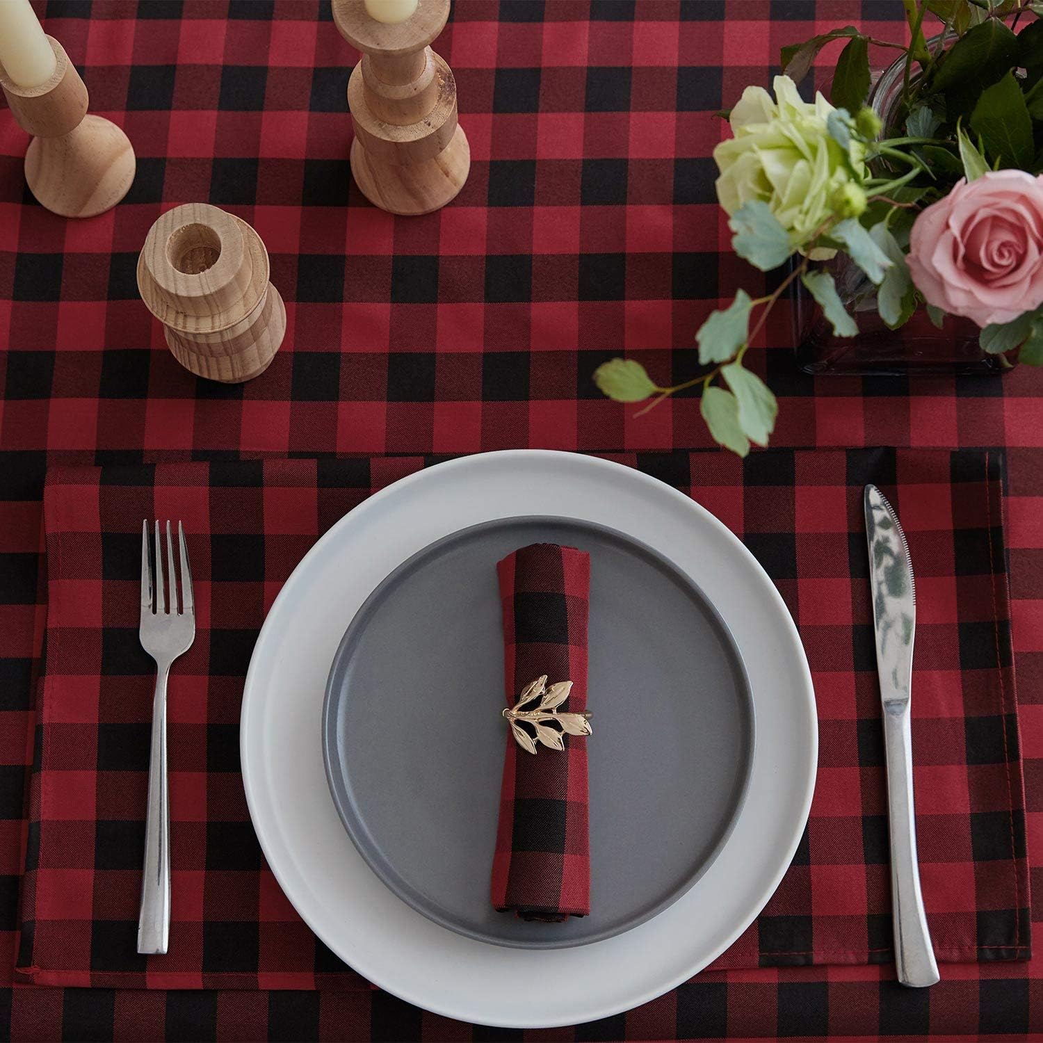VEEYOO Polyester Checkered Cloth Napkins Set of 12 Pieces Buffalo Plaid Napkins Hemmed Edges Washable Gingham Oversized Dinner Napkins Stain Resistant Table Napkins (17x17 inch, Black & Red Napkins): Kitchen & Dining