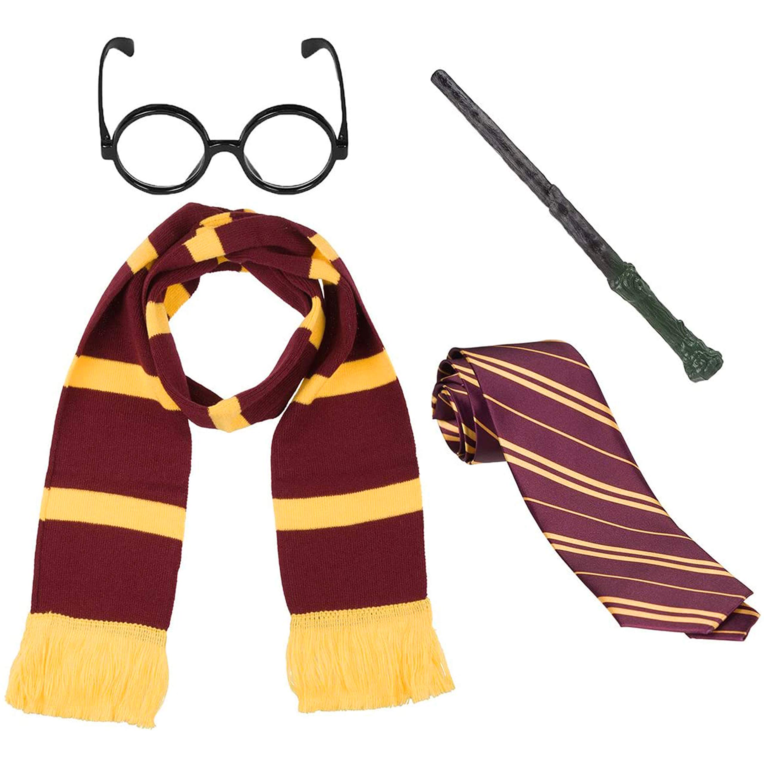 4pc Wizard Costume Accessories Including Burgundy Scarf, Magic Wand, Striped Red and Yellow Tie, Round Black Glasses Fancy Dress for Halloween Wizard Outfit Adult and Kids World Book Day Costume