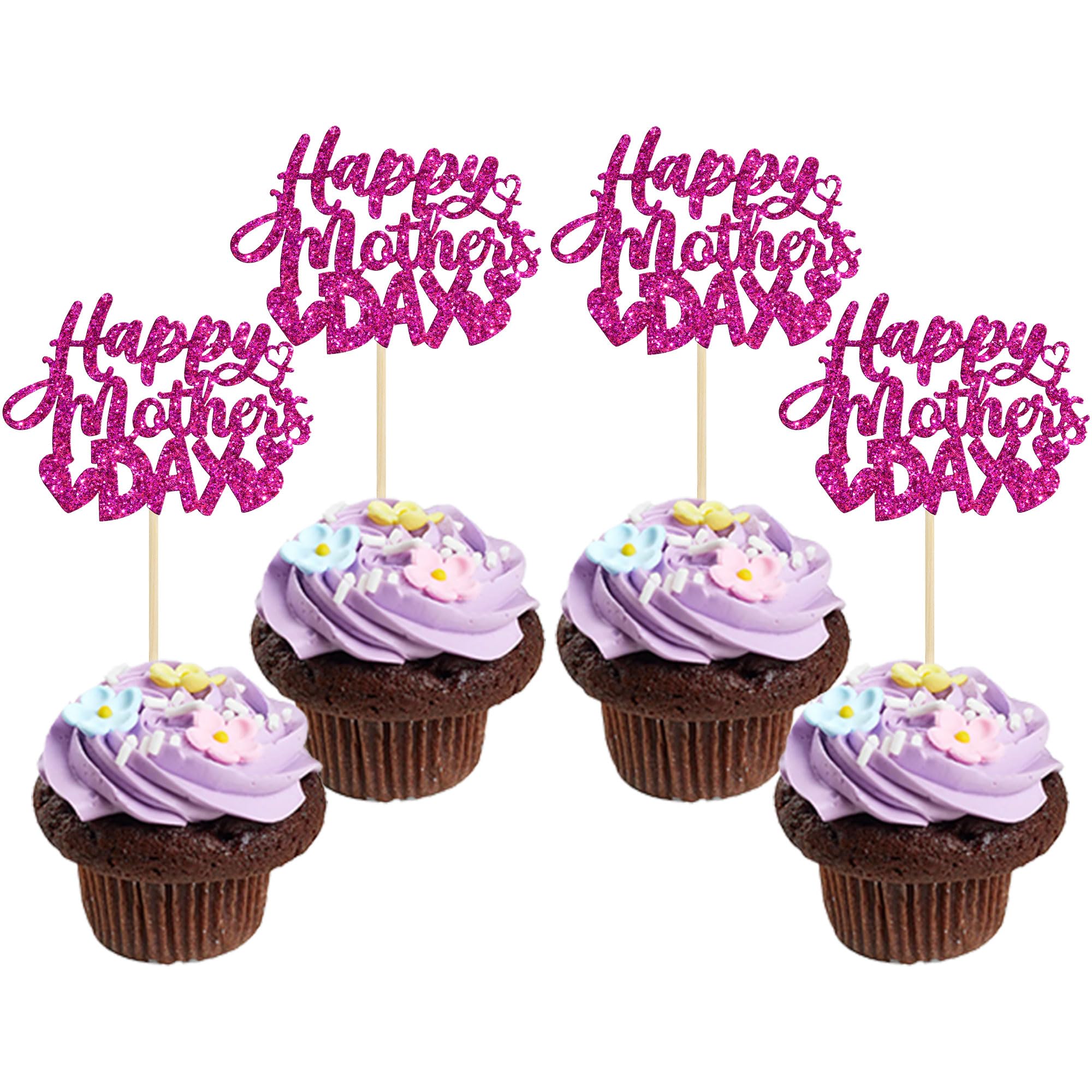 Gyufise 24 Pack Purple Glitter Happy Mothers Day Cupcake Toppers Mom Cupcake Picks Best Mom Ever Cake Decoration Party Supplies for Mother's Day Party Cupake Decorations