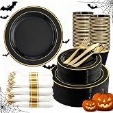 350 Pieces Black and Gold Plastic Plates with Disposable Silverware, Include 50 Dinner Plates 9&rdquo;, 50 Dessert Plates 6.3&rdquo;, 50 Black Cups 9 OZ, 50 Pre Rolled Napkins for Wedding/Party/Birthday/Halloween