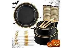 WDF PARTYWARE 350 Pieces Black and Gold Plastic Plates with Disposable Silverware, Include 50 Dinner Plates 9”, 50 Dessert Plates 6.3”, 50 Black Cups 9 OZ, 50 Pre Rolled Napkins for Halloween new year