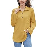 Stamain Women Waffle Knit Tops Long Sleeve Henley Shirts Womens Button-Up Casual V Neck Tunic Fall Pullover Sweater
