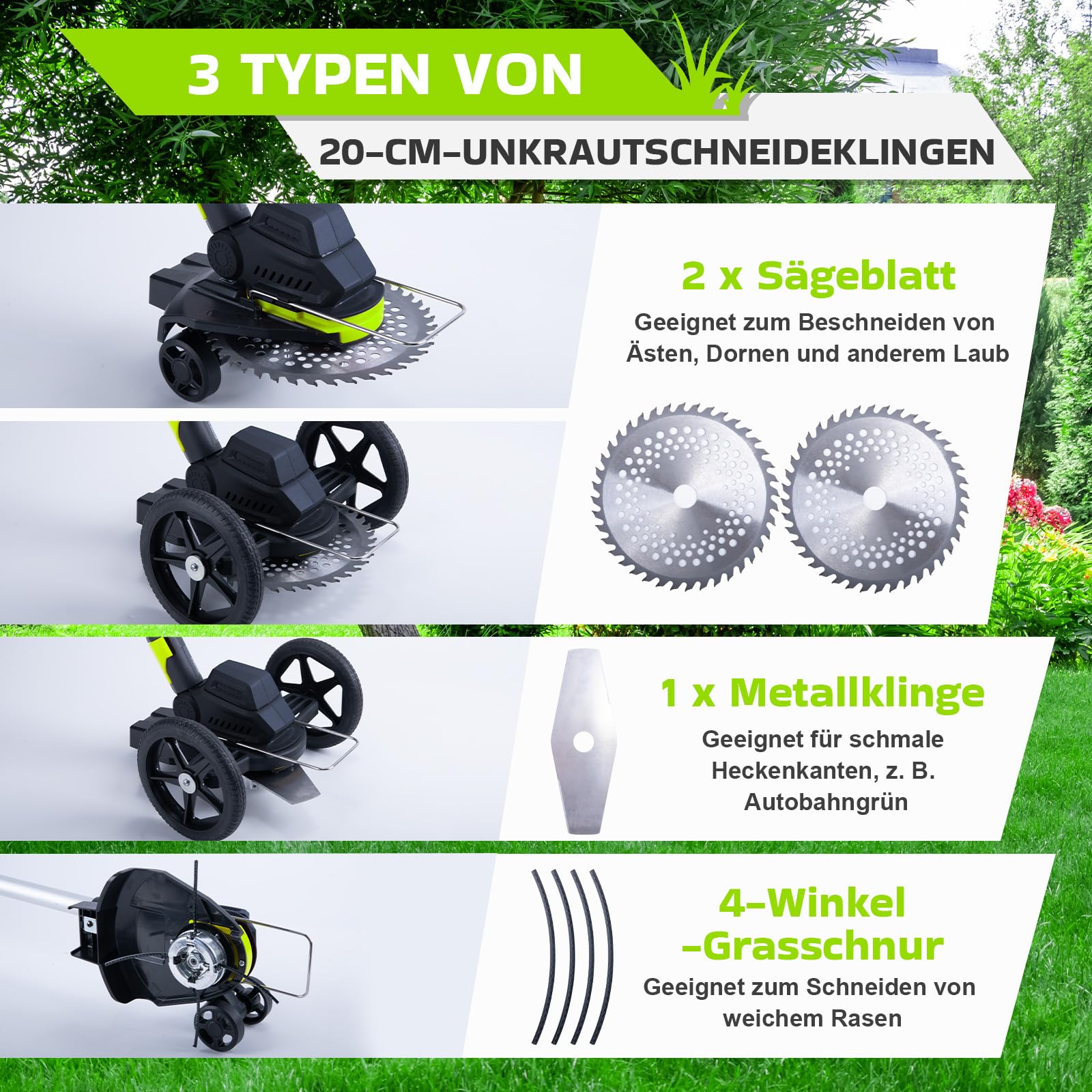 CHANGEMOORE Akku-Rasentrimmer mit 2x4.0Ah Akku, Bürstenloser Motor, Digital Display, Sicherheitsschalter, 90° Verstellbarer Kopf, 20cm Schnittbreite, 3 Klingentypen, für Garten & Hof, Neu aufgerüstet 7