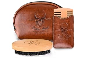 Menesia Beard Brush and Comb Set, Boar Bristle Hair Beard Brush Kit with Small Leather Travel Toiletry Bag Case for Men, Include Men's Wooden Mustache Comb