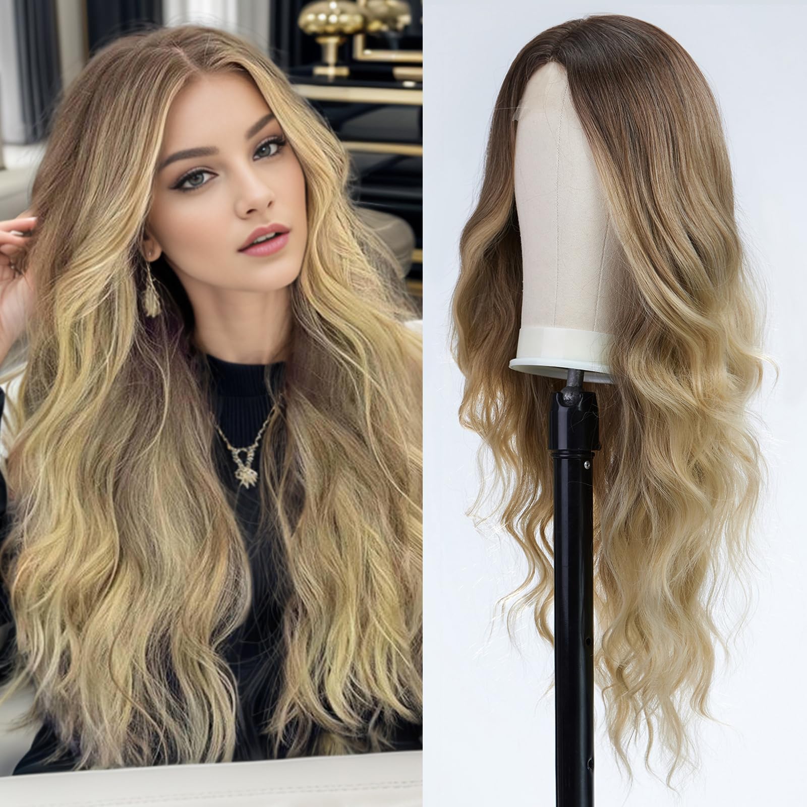 EMMOR Long Ombre Blonde Wavy Wig for Women Lace Front Wigs Natural Looking 26 Inch Middle Part Curly Wig Heat Resistant Synthetic Wigs for Daily Party Use