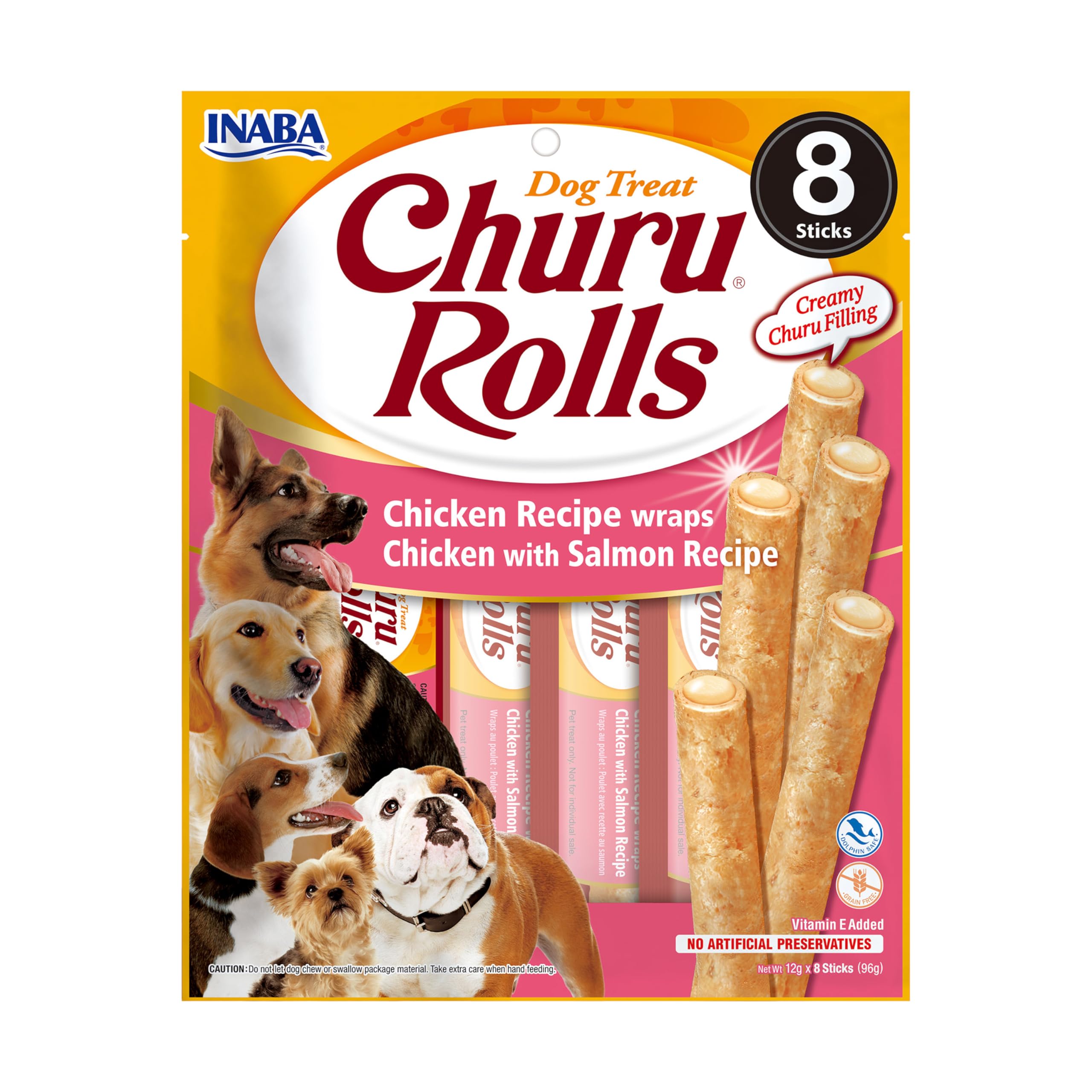 Churu Rolls by INABA Dog Treat - Chicken & Salmon Flavour (8 x 12g) / Crispy Sticks with Creamy Filling Dog Treat, Delicious & Healthy Snack, Hand Feeding, Training, Natural, Grain Free