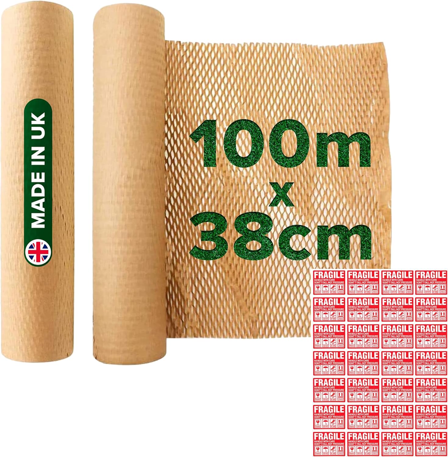 Honeycomb Sustainable thick Paper Packaging Roll 38 cm x 100 m, Eco-Friendly* Brown Craft bubble wrap cushioning for Breakables, Packing, Fragile, Shipping, Moving House, Gift. Proudly made in the UK