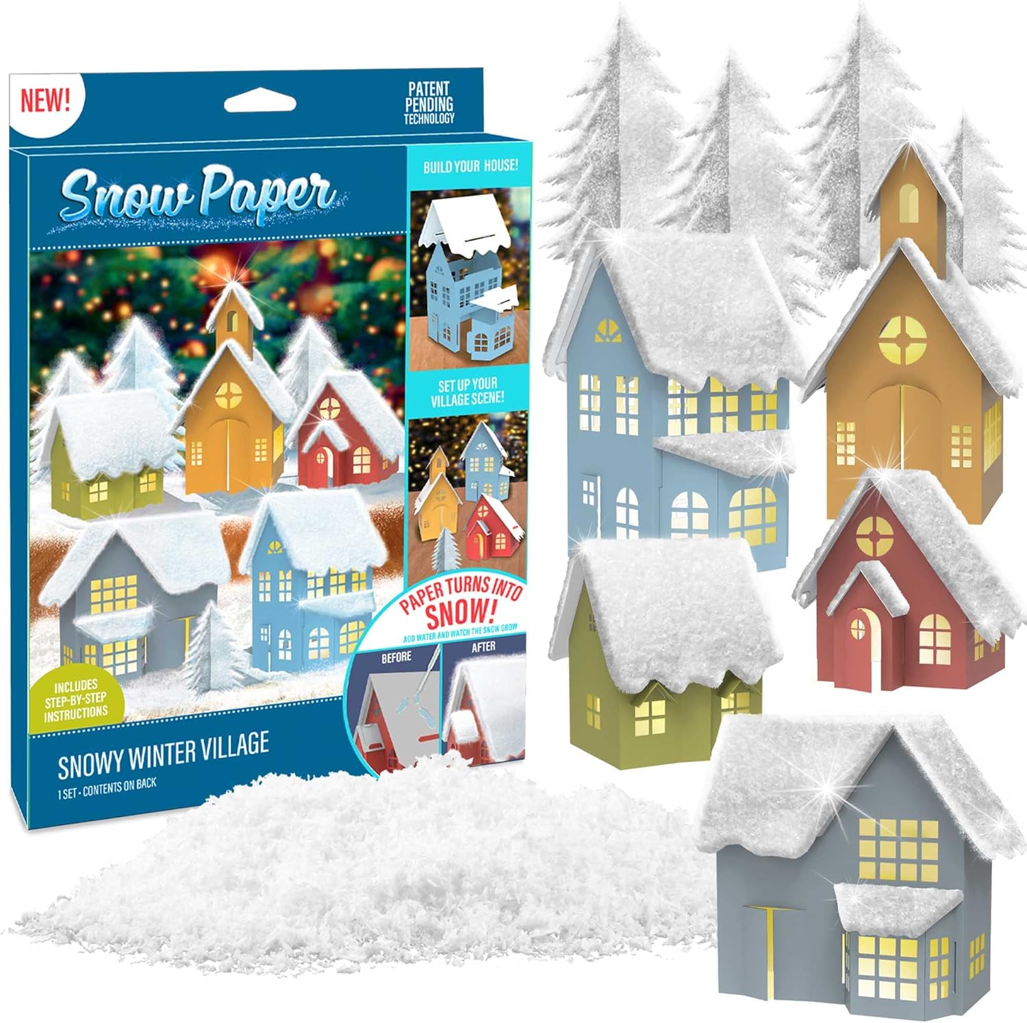 Artificial Snow - Creative Kids Snow Paper Snowy Winter Village - DIY Winter Wonderland Showcase- 5 Houses, 4 Trees & Faux Snow Included- 30+ Piece Set for Teens-Adult Arts & Crafts, White