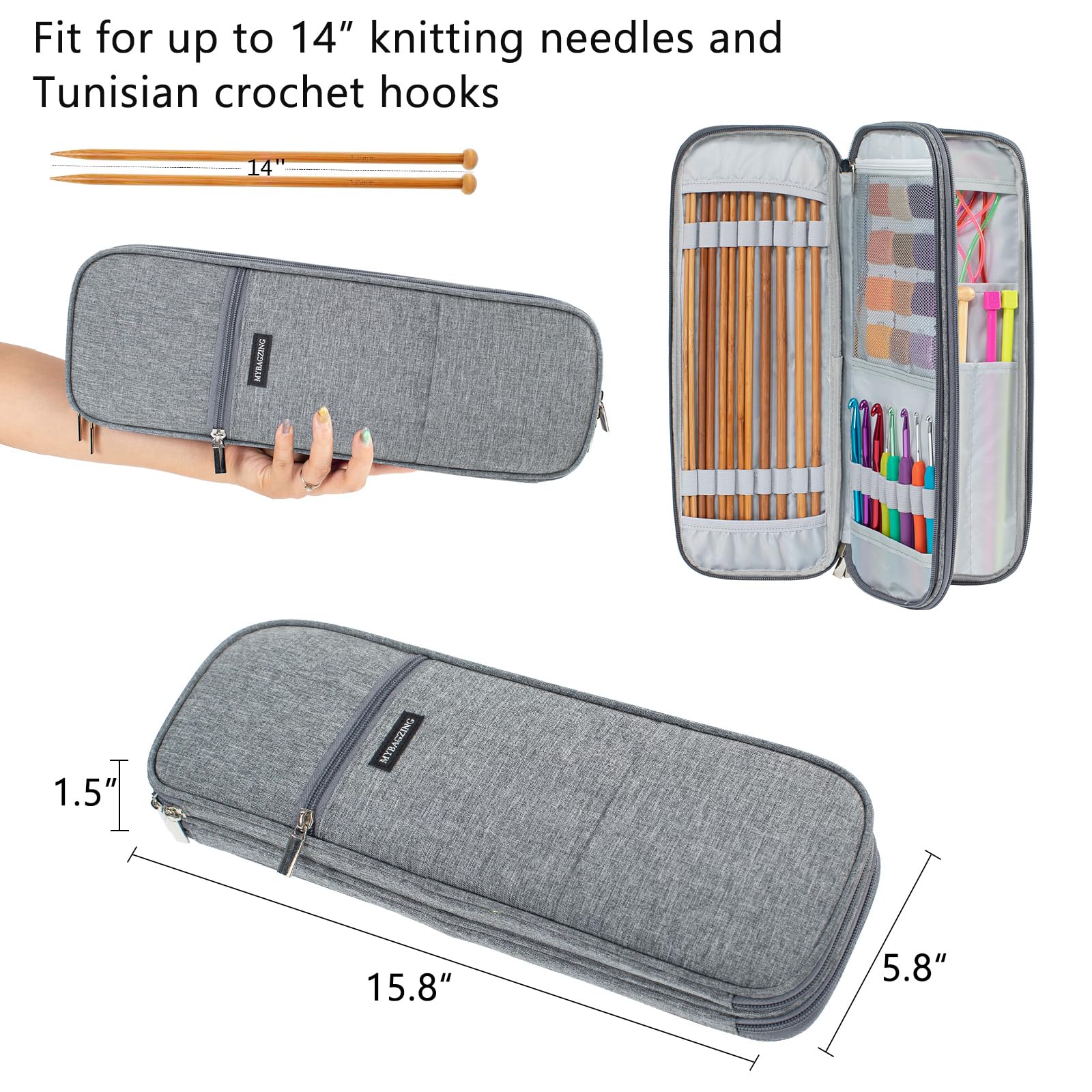 MYBAGZING Knitting Needles and Crochet Hook Organizer Case (Up to 14 Inches) for Knitting Accessories - Empty Case
