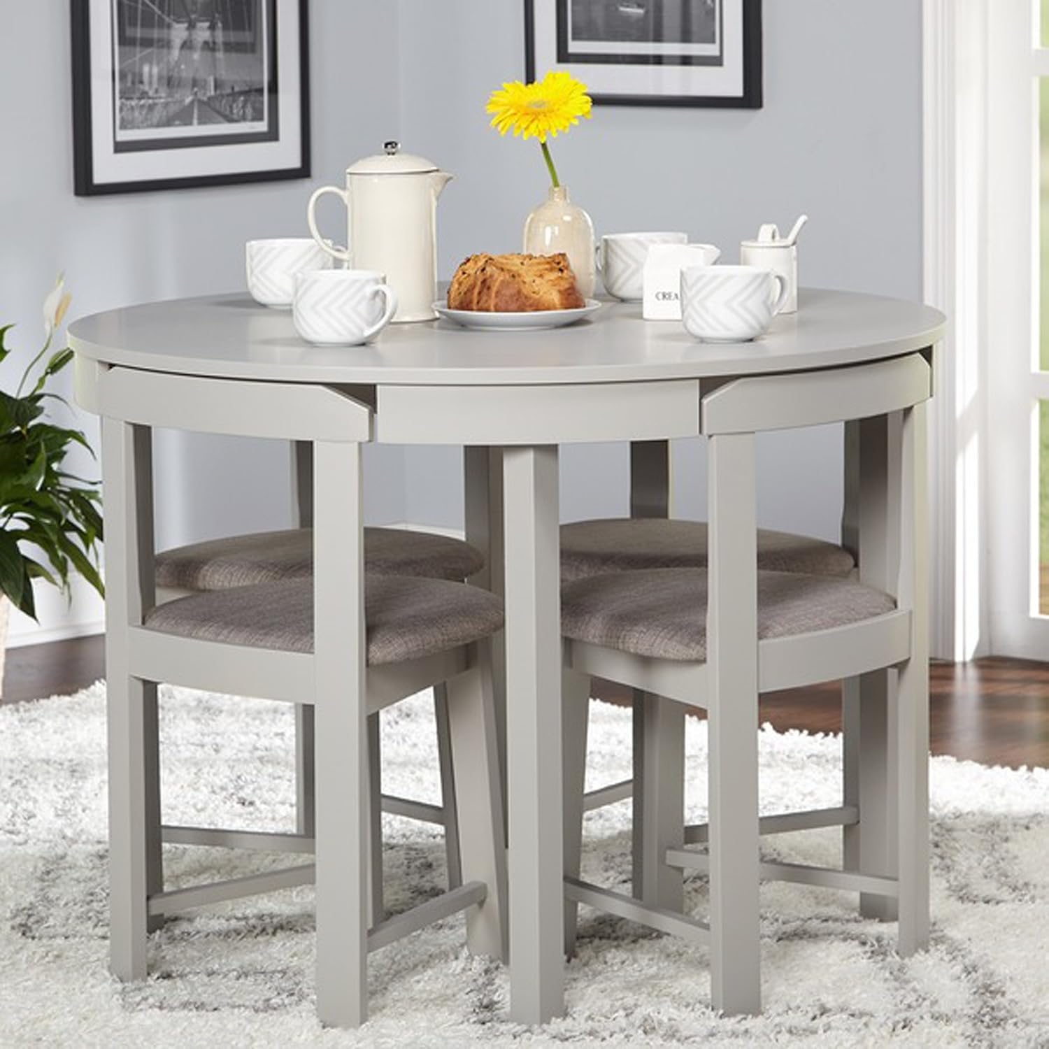 5 Piece Dining Set Contemporary Space Saving Compact Dining Room Furniture Round Table And 4 Faux Leather Upholstered Chairs Grey Amazonca Home Kitchen